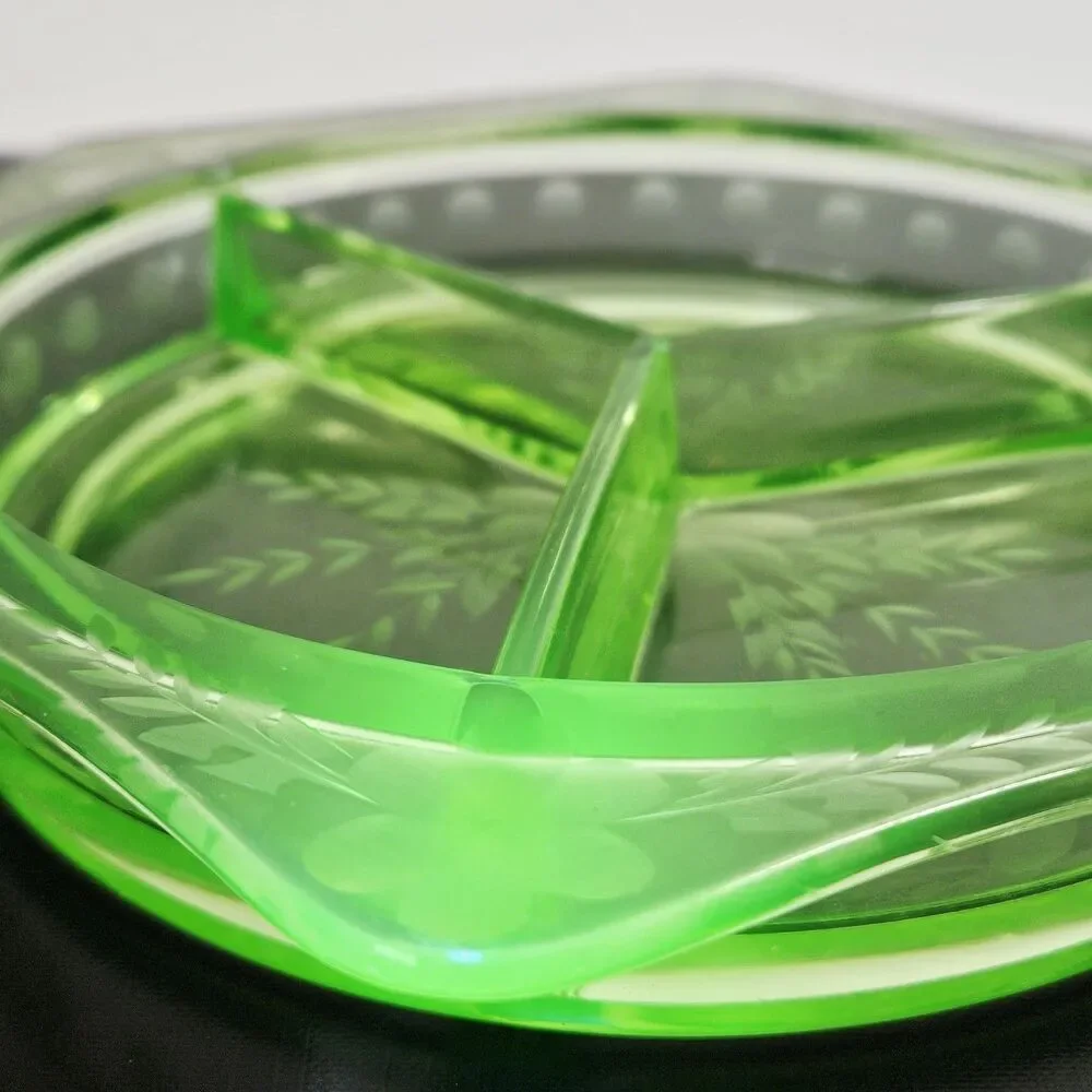 Vtg Green Uranium Vaseline Glass 3 Part Serving Dish Jewelry organizer Trinket